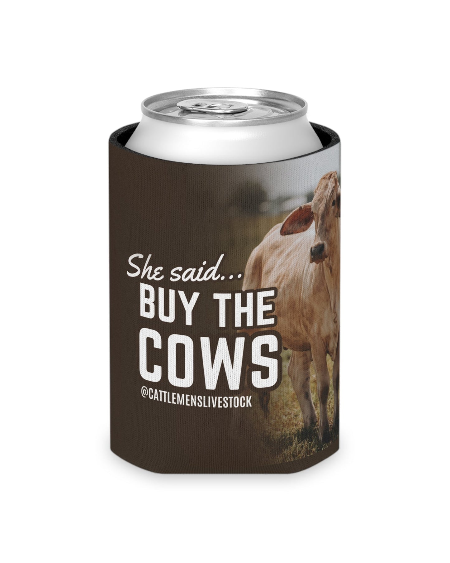 Can cooler with cow design and humorous text on a white background